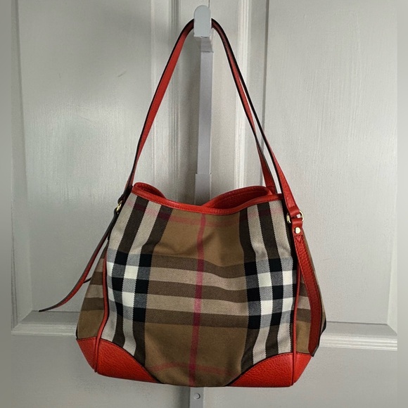Auth Burberry House Check Canterbury canvas leather orange bag tote purse - Picture 4 of 16